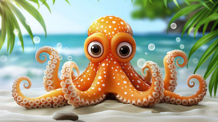 Fototapeta premium Illustration of cute surprised orange with white dots baby octopus on among palm green leaves on beach background. Summer time. Selective focus. 