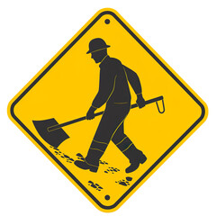 illustration yellow sign black silhouette figure with shovel and seat belt