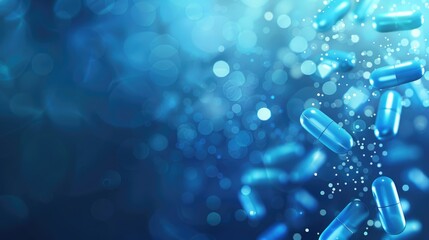 Abstract blue medical and pharmaceutical background with pills, copy space