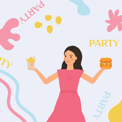 a girl holds a burger in one hand and fries in the other hand
