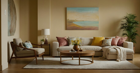 Inviting contemporary living room with a cozy atmosphere, neutral hues, stylish decor, and plush seating
