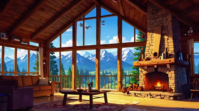 A rustic cabin interior fireplace with a view of majestic mountains, overlay loop, animated virtual backgrounds, vtuber asset twitch zoom OBS, manga anime chill hip hop 4k lofi music Animation video
