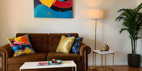 Stylish living room featuring a brown sofa adorned with vibrant pillows, abstract art, a sleek coffee table, and indoor plants