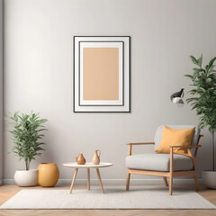 Elegant minimalist living room interior design featuring a comfy armchair, decorative plants, and a blank framed poster on a clean wall