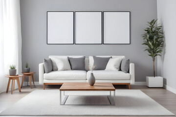 Modern living room with a cozy sofa, elegant coffee table, and empty frames on a pristine, neutral wall