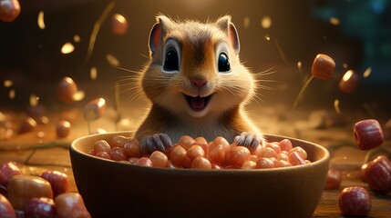 Funny baby chipmunk sitting inside a pot eating berry fruits