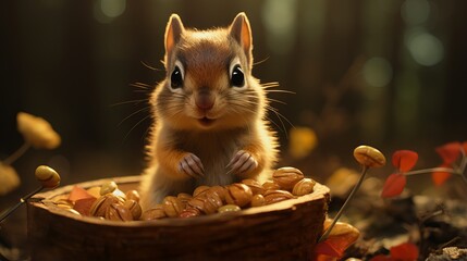 Funny baby chipmunk sitting inside a fruit pot ready to eat nuts
