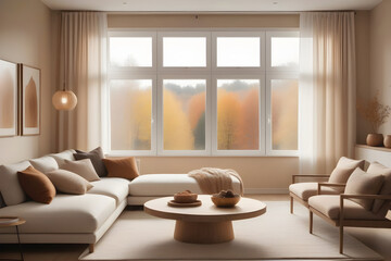 Fototapeta premium Beautiful interior design featuring a spacious living room and cozy sofa set, with stunning autumn foliage outside