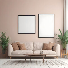 Stylish modern living area with plush sofa, potted plant, and two empty frames on a wall for showcasing artwork