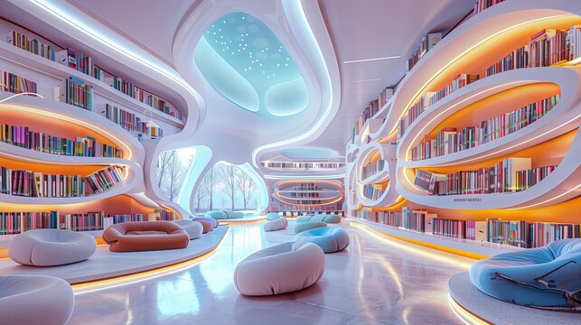 Futuristic Library With Curved Shelves, Soft Neon Lighting, Cozy Reading Pods, And Sleek White Interior Design In Sci-Fi Architecture