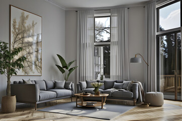Fototapeta premium Modern and elegant living space with a cozy grey couch, stylish furnishings, abundant natural light, and expansive window views