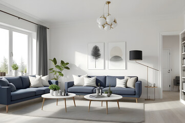 Fototapeta premium Contemporary living room with grey walls, navy blue sofas, minimalist decor, and a warm, inviting atmosphere in natural light