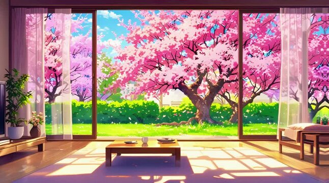 A serene living room open window garden full cherry blossom trees, overlay loop, animated virtual backgrounds, vtuber asset twitch zoom OBS, manga style anime chill hip hop 4k Animation video