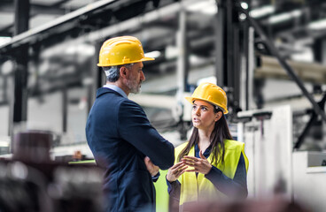 Warehouse worker talking with logistics employee in warehouse, planning transport of products, goods, talking shipping process.