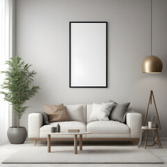 Elegant living room arrangement with a cozy couch, decorative greenery, sophisticated lighting, and space for personalized artwork