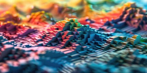Obraz premium Abstract technology background. Scatter topographic landscape based on colorful cubes.