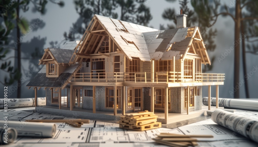 Poster house under construction on blueprints - building project in progress with construction workers