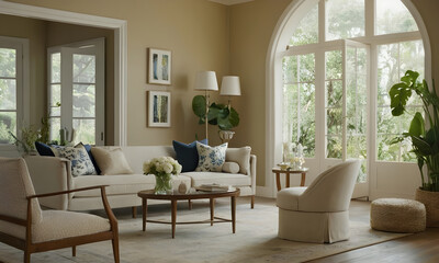Fototapeta premium Elegant yet inviting living space with abundant natural light, featuring chic furnishings and a soothing, neutral color scheme