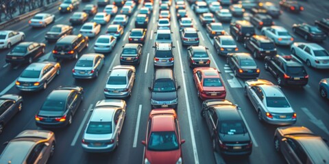 Obraz premium Aerial image of Cars in heavy jams traffic in the center of the highway, abstract image blurry background