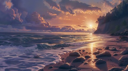 a serene beach scene at sunset, with the sun dipping below the horizon and casting a warm glow on the rocky shoreline - Powered by Adobe