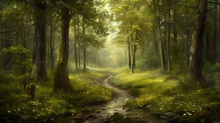 a serene forest path. The path is surrounded by tall trees and a small stream meanders through it