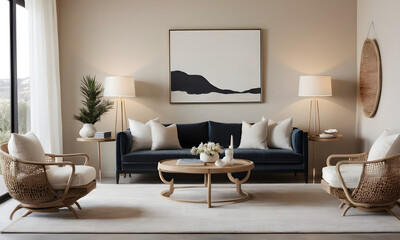 Cozy and stylish living room interior featuring a navy sofa, natural wood furniture, and tasteful neutral decor with ample lighting