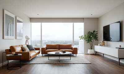 Fototapeta premium Luxurious urban lifestyle ambiance in an elegant contemporary living room featuring a leather sofa, cityscape window view, minimalist décor, and indoor plant