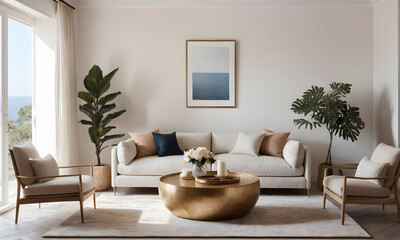 Modern living room decor with a neutral color scheme, luxurious seating, a gold coffee table, and a framed seascape painting