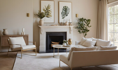 Fototapeta premium Chic, spacious living room featuring a minimalist sofa set, fireplace, and botanical artwork, bathed in soft, natural light
