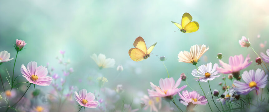 Beautiful summer meadow with colorful cosmea flowers and flying butterflies. Vegetative nature landscape with soft effect.