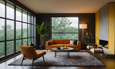 Contemporary living room with stylish furniture and a large window offering views of lush greenery and warm color accents