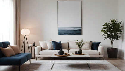 Contemporary living room with comfortable white sofa, blue cushions, elegant decor, and a serene ocean-themed painting on the wall