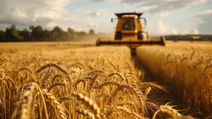 Golden Wheat Fields with Combine Harvester