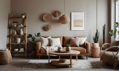Interior designer adding final touches to a living room, featuring a calming color palette and natural textures
