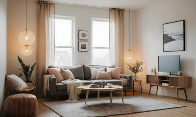 Modern living room with a gray sofa, a wooden coffee table, and a large television. The room is decorated in a minimalist style with neutral colors