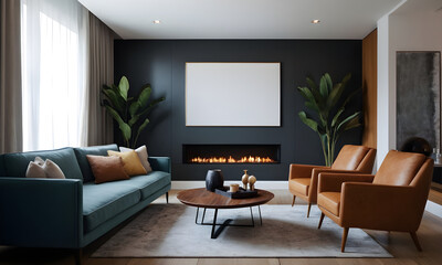 Relaxing in a contemporary living room with a fireplace, enjoying the view of a blank frame