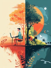 Abstract illustration of a man working on a laptop, with a split background representing day and night.