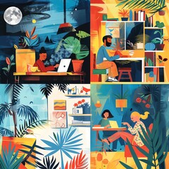 Colorful illustration of four people working from home, each with their own unique style.