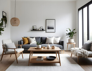 Interior designer presenting a house project to a client. They are sitting in a living room with modern furniture and decor