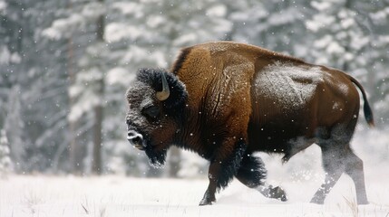 Naklejka premium American Bison walking out in the snow.