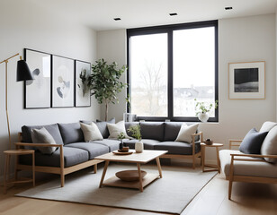 Bright living room with wooden furniture, a spacious sofa, and stylish decor, perfect for unwinding and enjoying the natural light from a large window