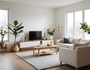 Fototapeta premium Relaxing in a bright living room with minimalist furniture and decor. Enjoying a peaceful moment at home