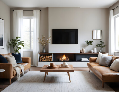 Cozy evening at home: relaxing in a living room with a crackling fireplace