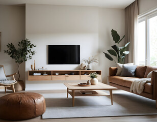 Modern and cozy living room with designer furniture. A large window is bathing the room in light