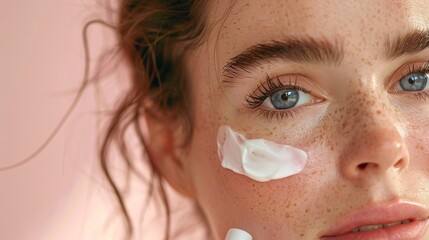 Close-Up Portrait of a Young Woman with Freckles Applying Skincare Cream on Her Face Against a Soft Pink Background