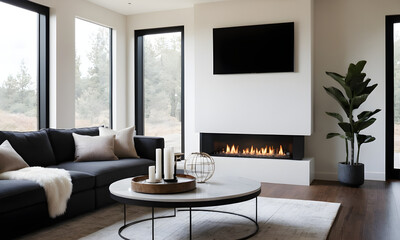 Relaxing by the modern fireplace in a cozy living room. A stylish sofa and inviting coffee table complete the ambiance