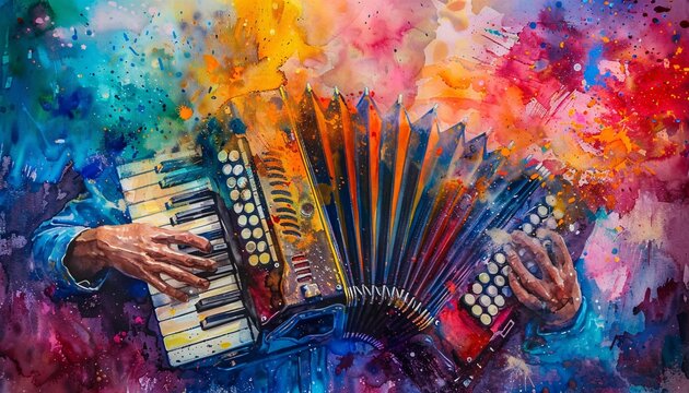 Vibrant Abstract Painting of Hands Playing Accordion with Colorful Background, Expressive Art, Musical Instrument, Creative Expression, Dynamic Brushstrokes, Artistic Inspiration, Music and Art Fusion