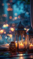 Enchanting Nighttime Lantern and Mosque Scene