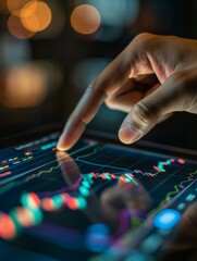 Fototapeta premium Close-up of a person's hand interacting with a digital tablet displaying financial charts, showing data analysis in a low light environment.