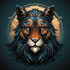 A stylized drawing of a lion with a blue background